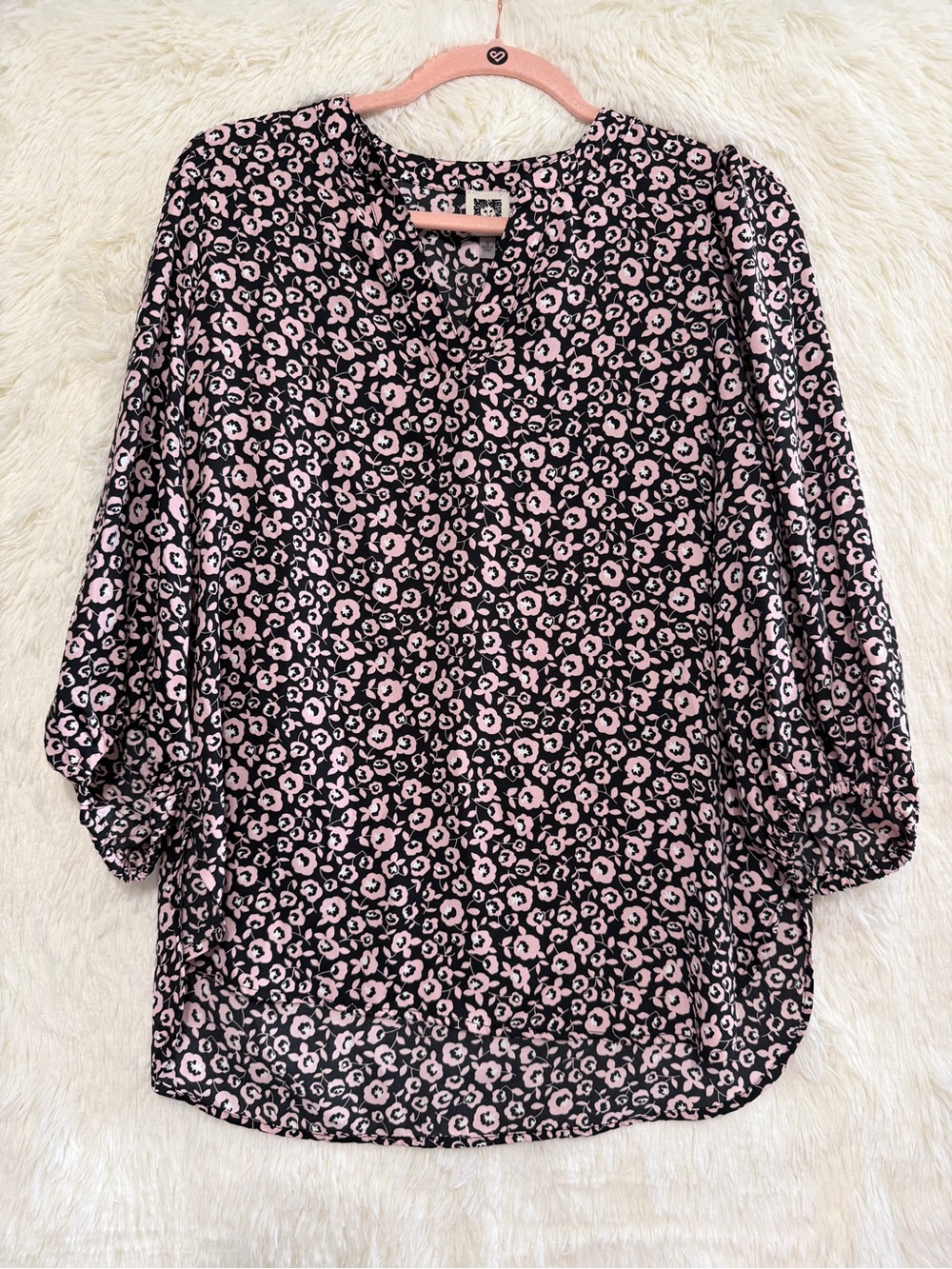 Anne Klein Womens Floral Puff Sleeve V-Neck Blouse S Black Pink Office Mature
